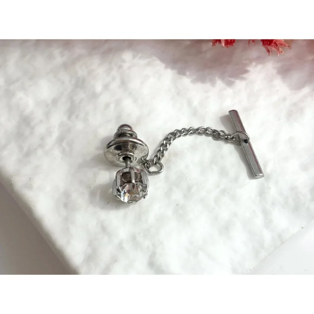 Faux CZ Gemstone Minimalist Silver Toned Vintage Men's Tie Tack